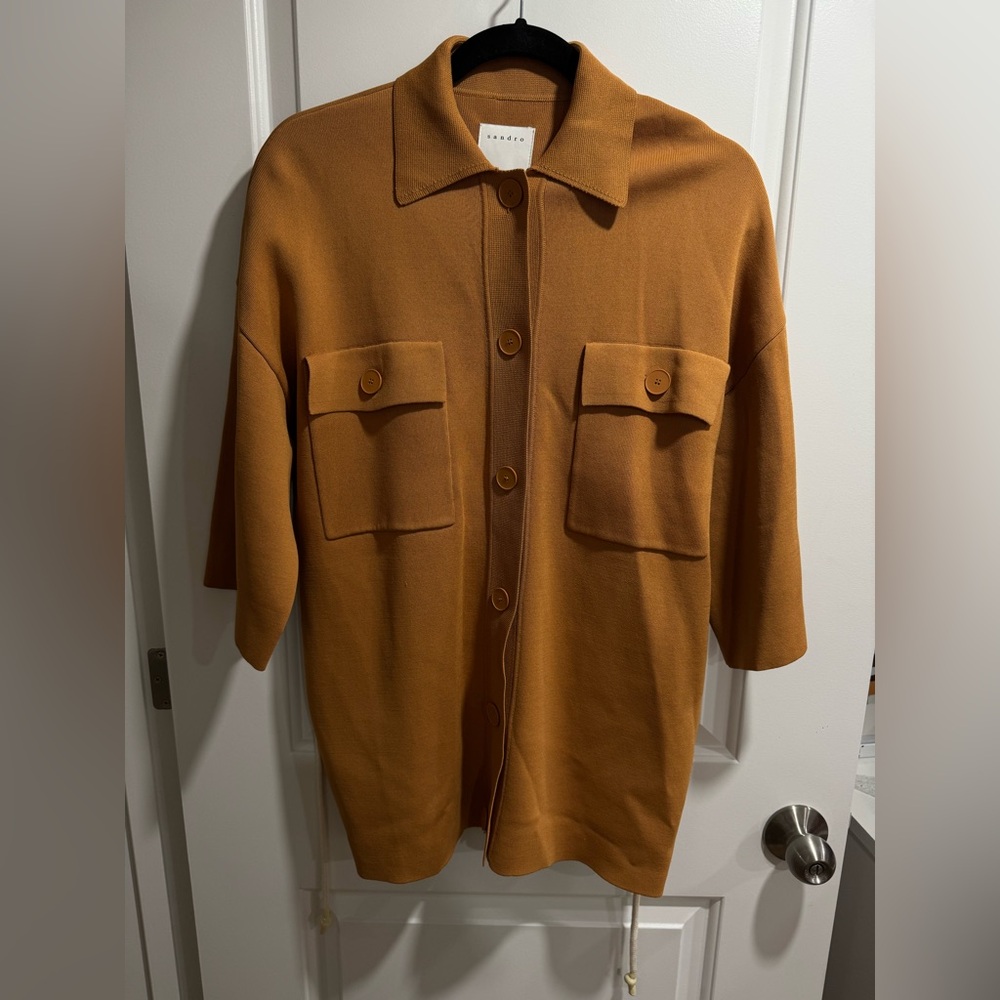 Sandro Martine Belted Over-Shirt Style Cardigan In Ochre - Picture 8 of 14